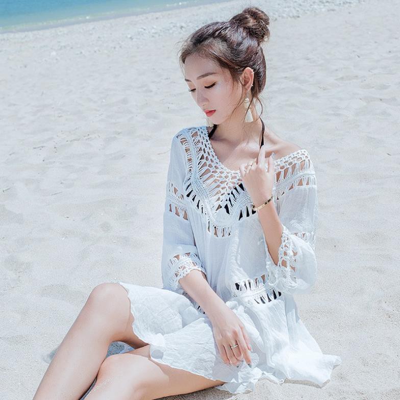Áo ren lưới thời trang đi biển lệch vai 👙