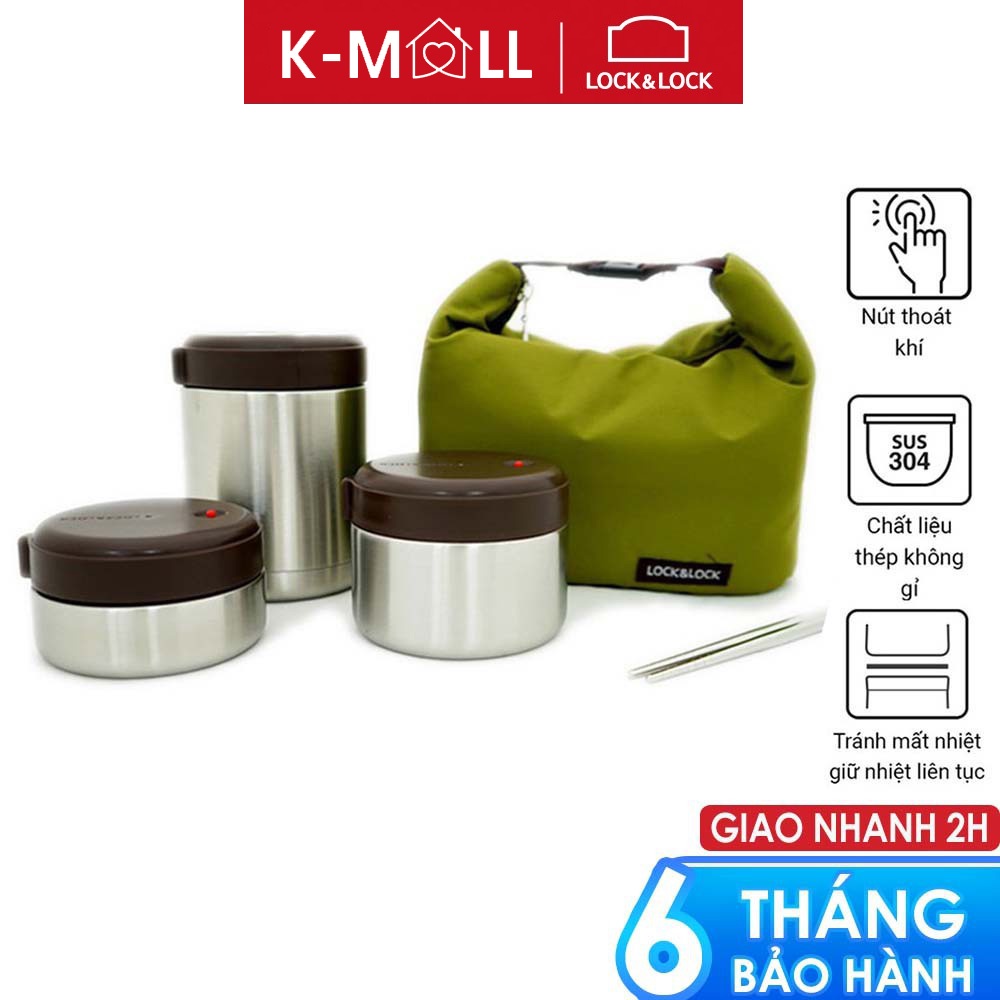 Bộ 3 hộp cơm giữ nhiệt Lock&Lock mushroom có kèm túi và đôi đũa inox LHC8025SLV - K-MALL