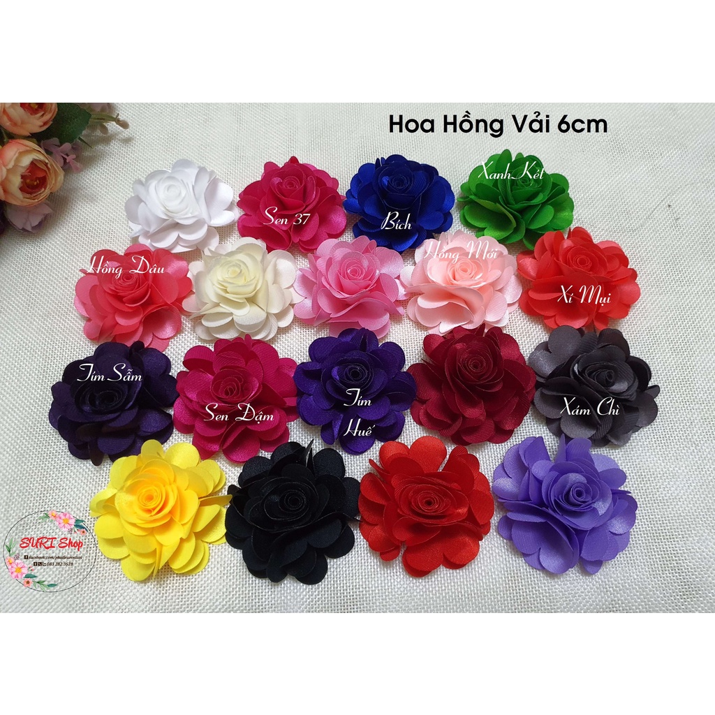 HOA HỒNG VẢI PHI LỤA 6cm - SÉT 10 CÁI