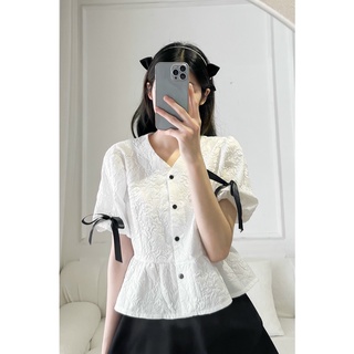 Áo sơ mi xốp hoa áo sơ mi tay bồng có nơ ở tay hót hít