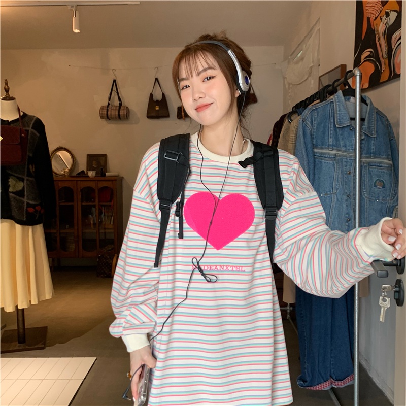 Áo Thun Tay Dài Cổ Tròn Kẻ Sọc Thêu Họa Tiết Thời Trang Hàn Quốc 2 Màu Tùy Chọn Cho Nữ | BigBuy360 - bigbuy360.vn