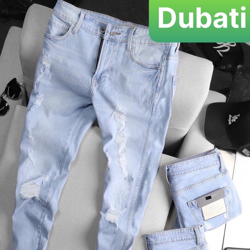 Quần Jeans Nam Xanh Wash Rách Ống Đứng Cáo Cấp Cô Giãn 4 Chiều, Không Nhăn, Không Xù - DB 78- DUBATI FASHION