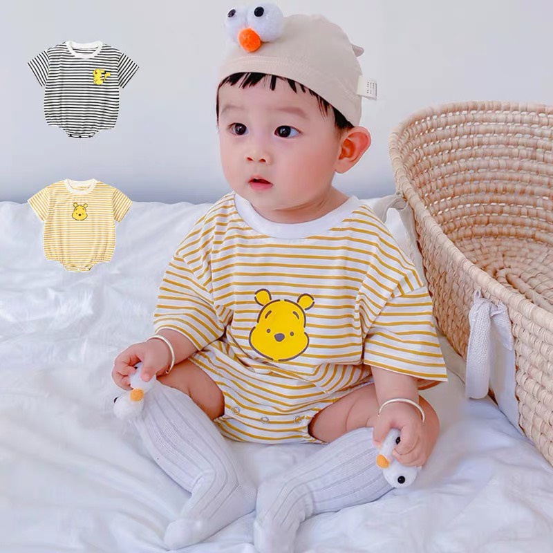 Đồ bộ ngắn tay body chíp  gấu kẻ  vàng cho bé gái trai