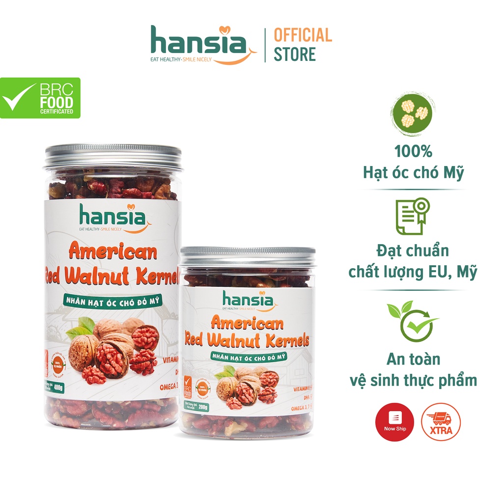 Nhân Óc Chó Đỏ Mỹ Organic HANSIA Thơm Ngon Béo Ngậy Tốt Cho Sự Phát Triển Não Bộ, Tăng Khả Năng Miễn Dịch Hộp 200g - 400