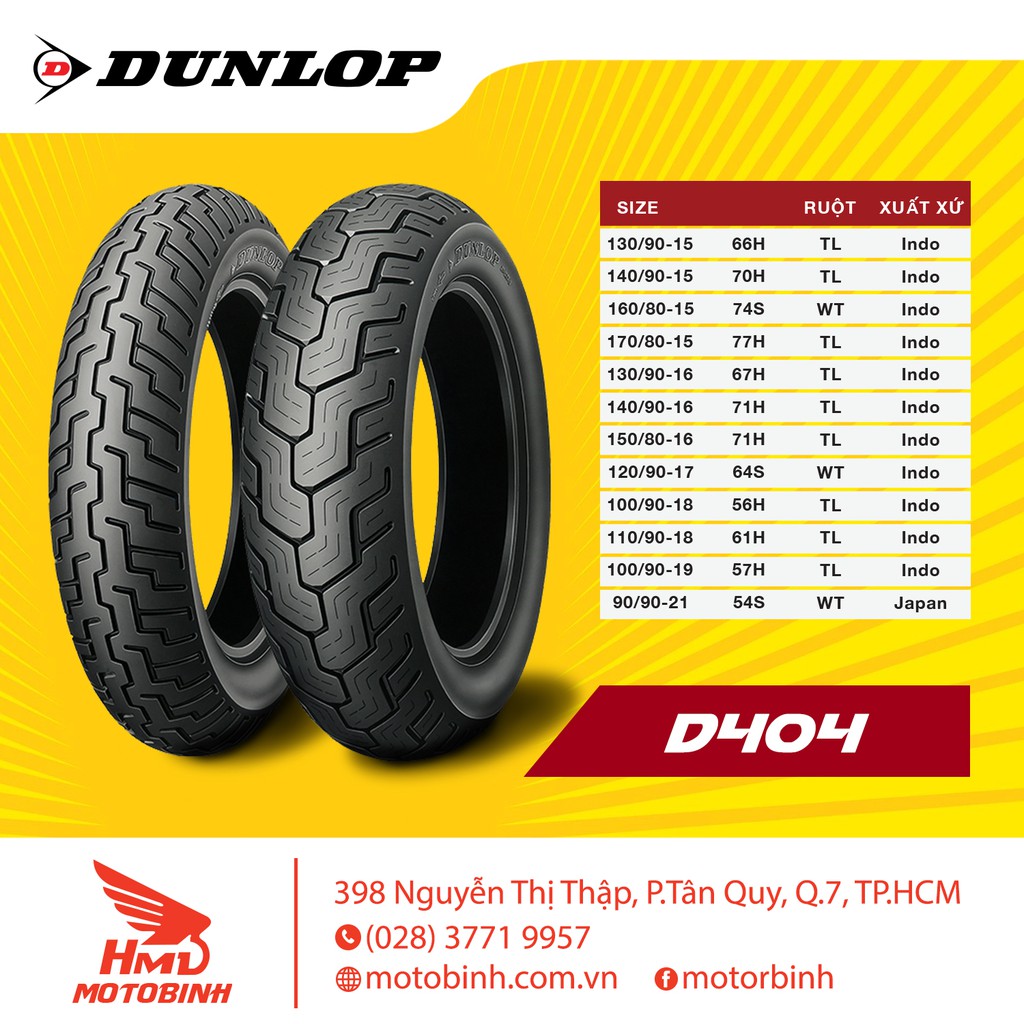Lốp/vỏ xe 130/90-15 D404 TL Dunlop dành cho xe Rebel