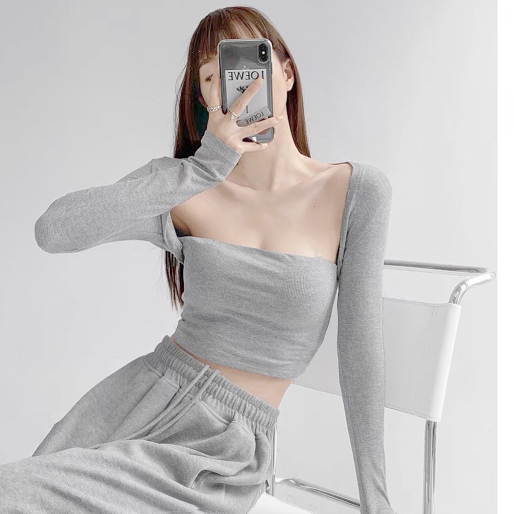 [Ảnh Thật] Áo Kiểu Nữ Ôm Body Dạng Thun Dài Tay Croptop Có 2 Lớp Áo Ống và Áo Khoác TGMN