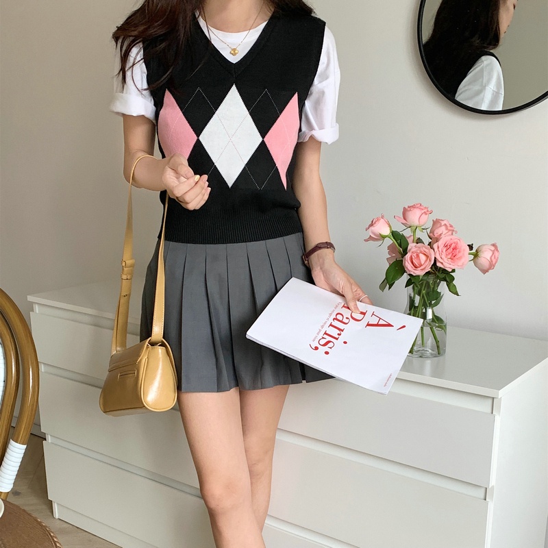 Áo len không tay cổ chữ v đính đá phong cách retro Mỹ