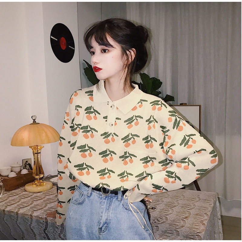 Áo khoác len dây rút in họa tiết cherry dễ thương phong cách retro Nhật Bản thời trang mùa thu tùy chọn màu sắc