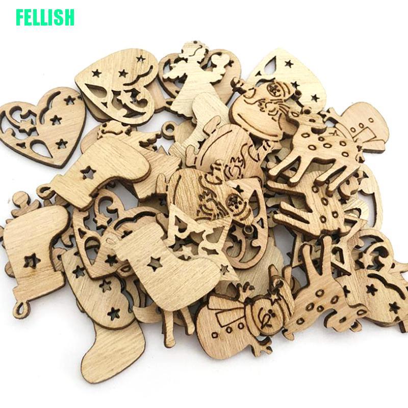 Bộ 50 Miếng Gỗ Trang Trí Giáng Sinh Hình Ông Già Noel / Tuần Lộc/ Cây Thông