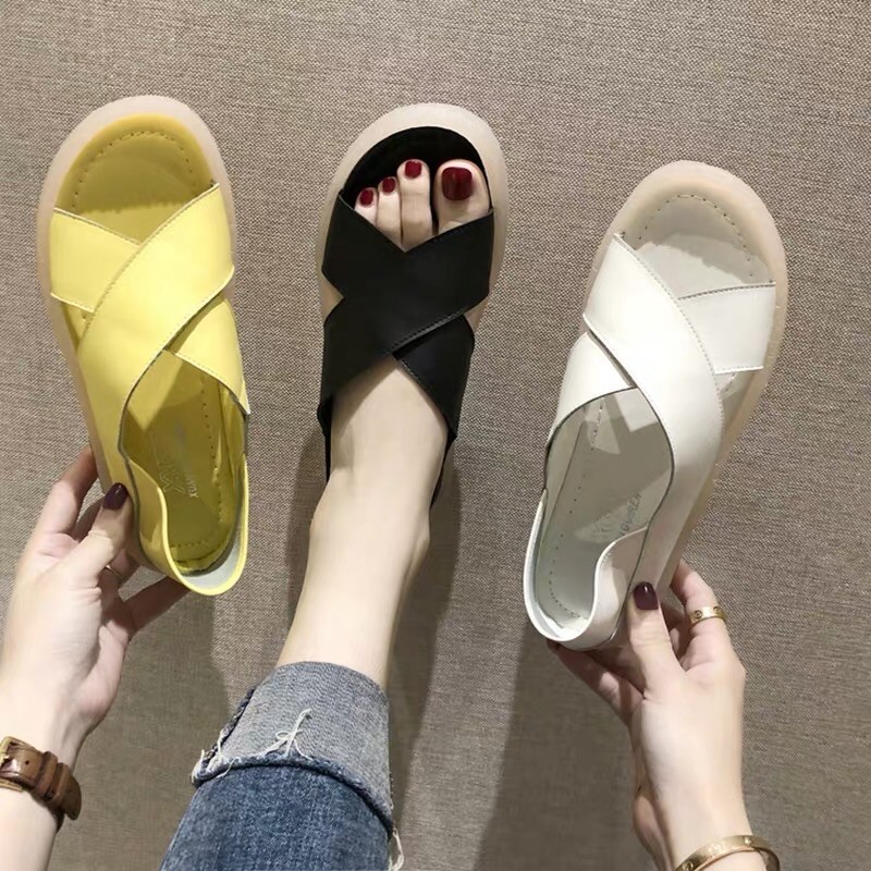 D202- sandals nữ quai chéo bản to đế thấp đi êm chân