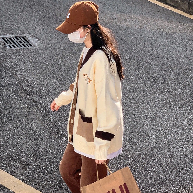 Áo Khoác cardigan Dệt Kim Cổ Chữ V Dáng Rộng Họa Tiết Thêu Thời Trang Theo Phong Cách Hàn Quốc