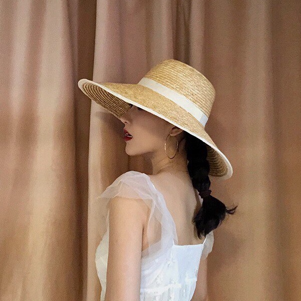 Mũ rơm cao cấp - mũ cụp vành rộng - Viền bo trắng ( mẫu mới đóng hộp)