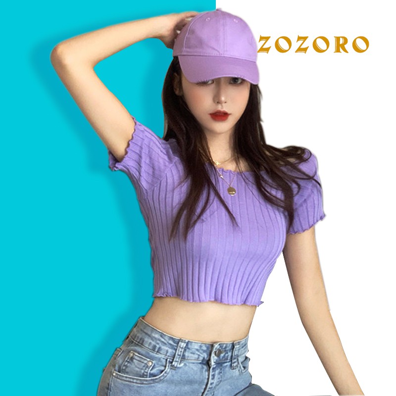 Áo croptop cổ vuông viền gợn sóng dệt kim gân đũa-ACN12