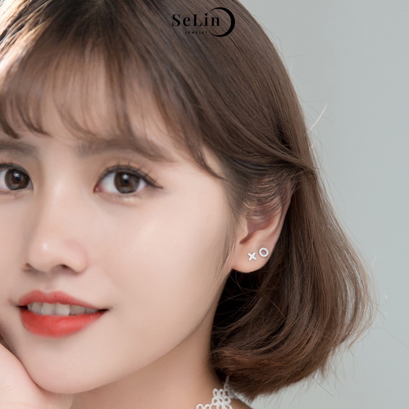 Khuyên tai bông tai bạc nữ 925 X O đính đá lấp lánh SELIN JEWELRY cá tính, đơn giản