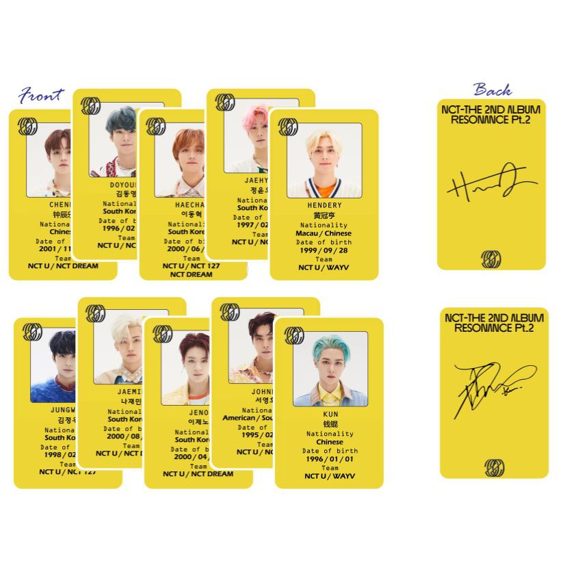 Set 23 card thẻ nhựa NCT RESONANCE Pt.2 ID CARD bo góc in 2 mặt có chữ ký