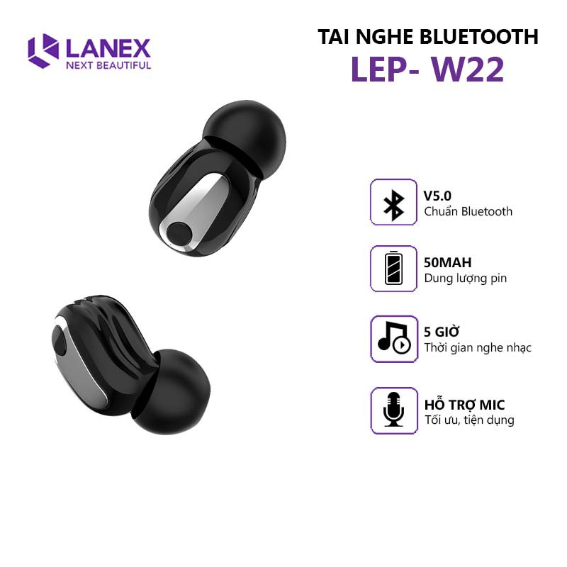 [Mã 2404EL10K giảm 10K đơn 20K] Tai nghe Bluetooth LANEX LEP-W22 V5.0 có mic, tương thích với nhiều thiết bị