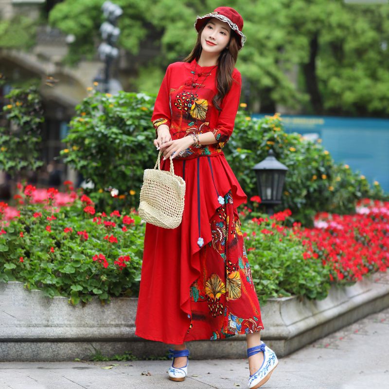 Bộ Áo + Chân Váy Cotton Lanh Mỏng Vừa Vặn Phong Cách Dân Tộc Trung Hoa Cổ Điển Xuân Hè Thu Kích Thước Lớn Cho Nữ