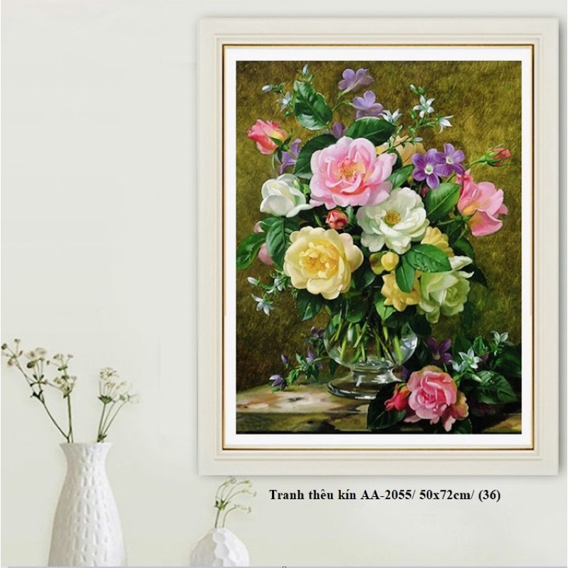 Tranh Thêu Mẫu Mới Bình Hoa Mẫu Đơn Thêu Kín AA2055 (72*50)