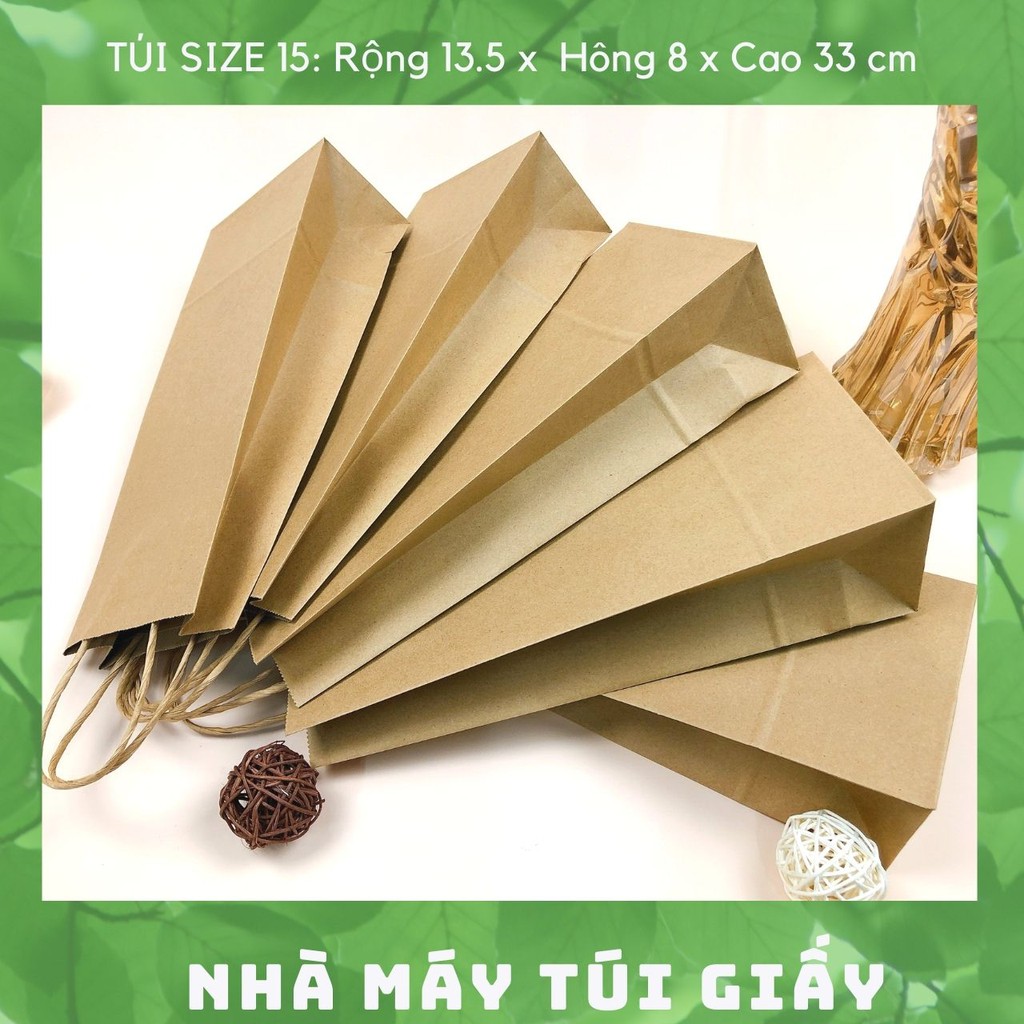 100 CHIẾC TÚI GIẤY KRAFT SIZE 15: 13.5x8x33 MÀU NÂU CÓ QUAI ( ẢNH THẬT)