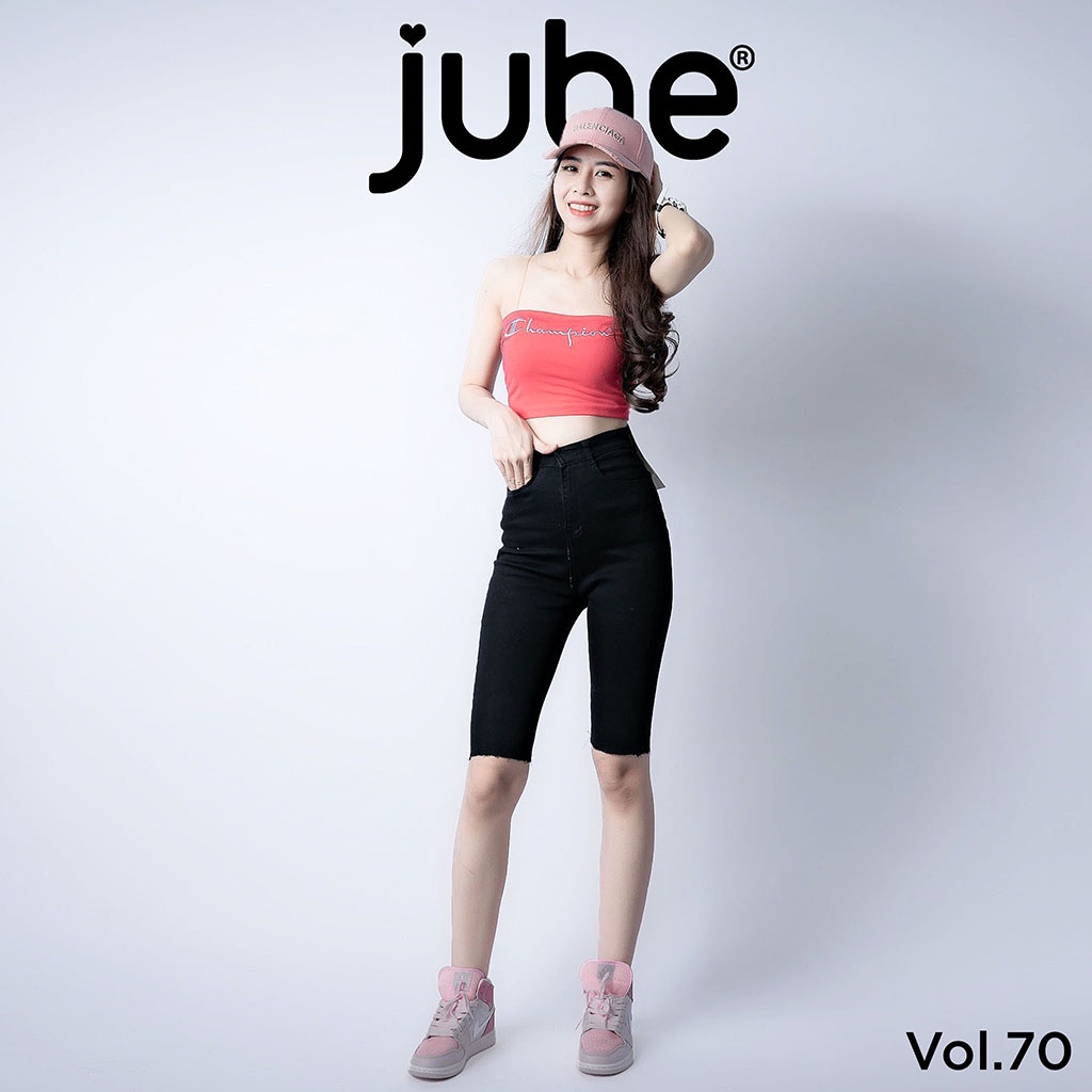 Quần Jean Ngố Nữ Lưng Cao JUBE Vol.70, Quần Lửng Nữ Skinny Trơn Cắt Gấu Vải Jean Co Giãn Hack Dáng, BST Signature Jeans