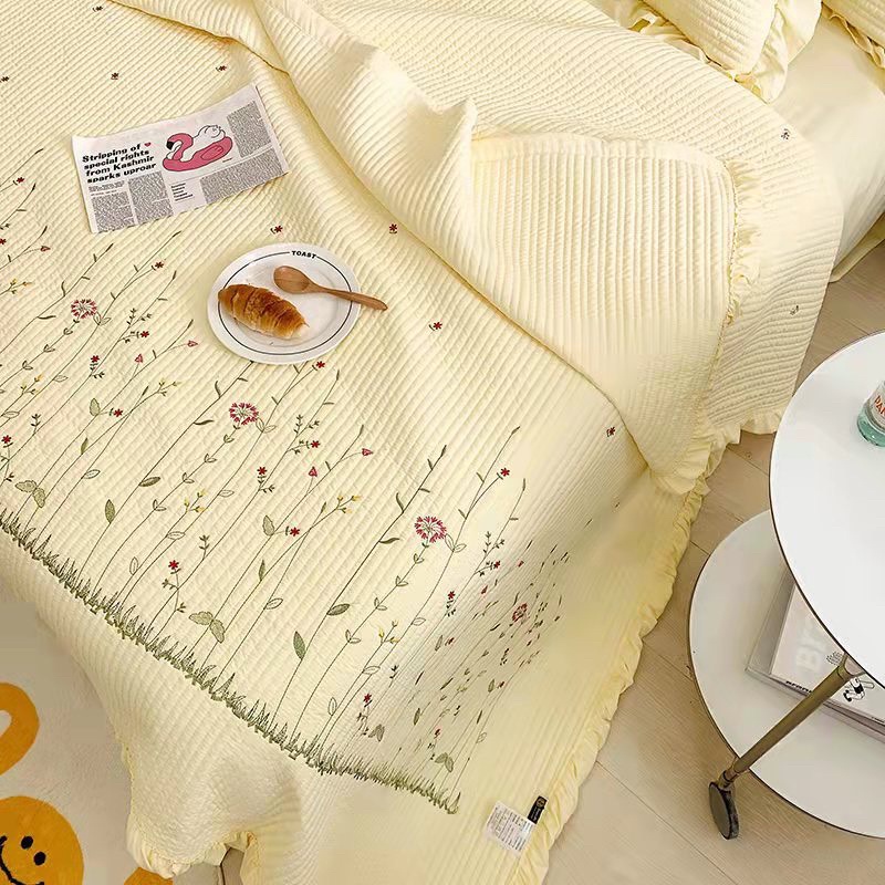 Bộ chăn ga gối cotton bèo hàn quốc thoáng mát, chăn trần hè thêu hoa 2 mặt cao cấp không xổ lông, phai mầu sẵn hàng
