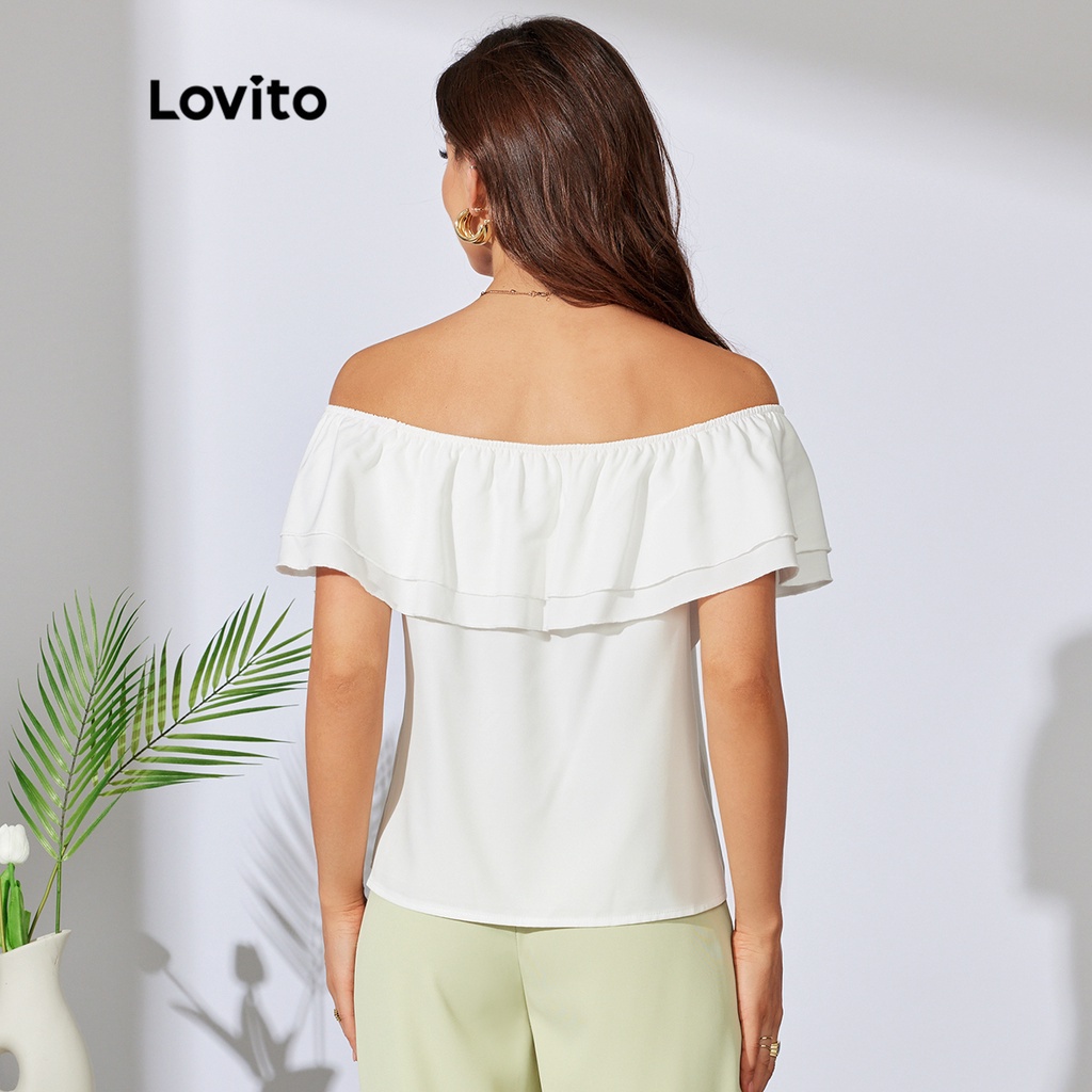 Áo Lovito trễ vai xếp lớp thắt nút màu trơn phong cách lãng mạn L30LD149 (màu trắng)