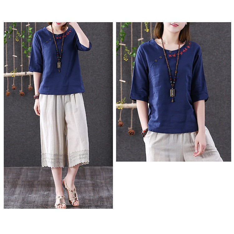 Áo trung niên vải linen theo hoa đơn giản freesize