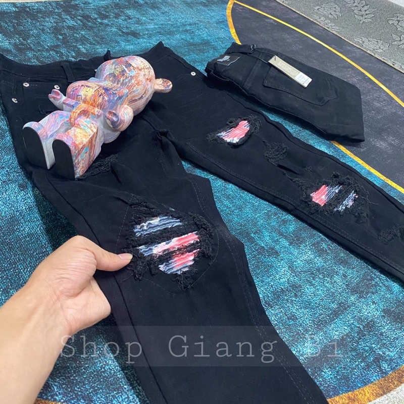 Quần jean vá nhăn gối xanh đỏ dáng slimfit,quần bò vá nhăn xanh đỏ amirii