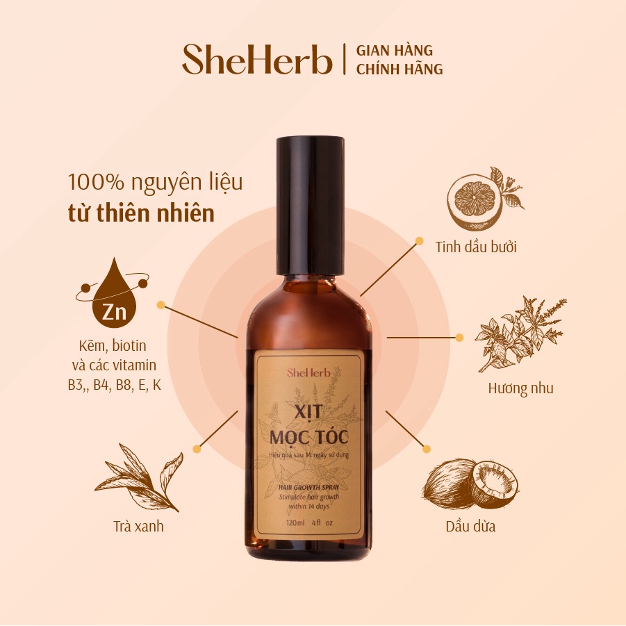 Xịt Mọc Tóc Vỏ Bưởi, Hương Nhu Cao Cấp She Herb Mọc Tóc Nhanh Chóng, Ngăn Ngừa Gàu Chuyên Sâu 120ml
