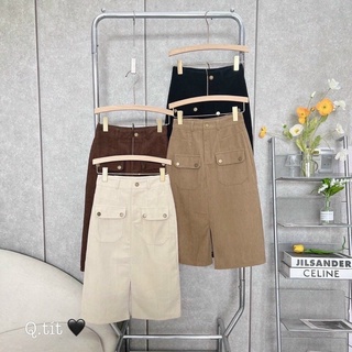 Chân váy nhung tăm chữ A xẻ trước túi hộp khuy đóng siêu hách dáng