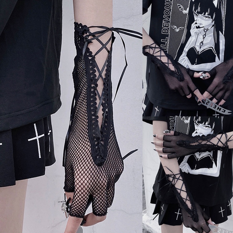 Găng Tay Lưới Co Giãn Gợi Cảm Với Dây Thừng Màu Đen Phong Cách Punk Hip Hop Cho Nữ