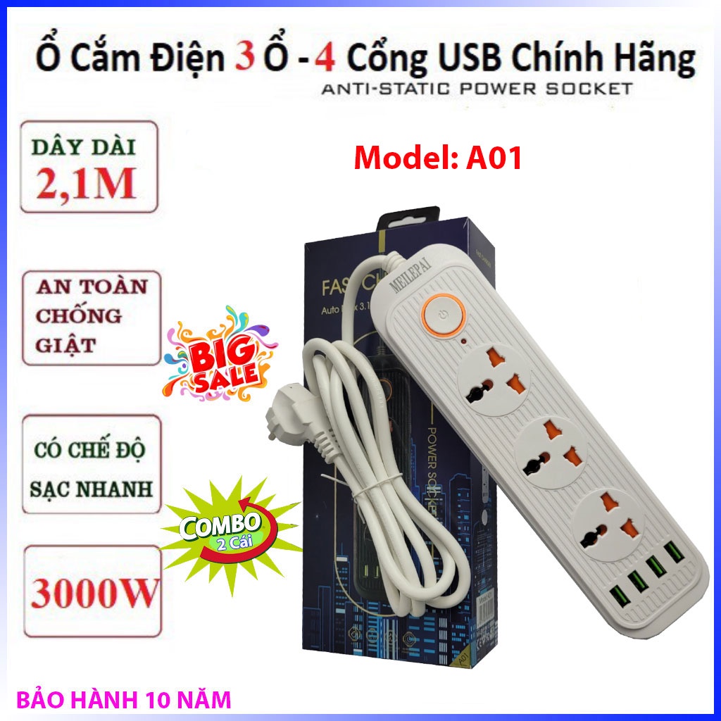 Combo 2 Cái Ổ Cắm Điện Đa Năng A01 Chống Giật Có 4 Cổng USB, ổ cắm thông minh – Sạc Trực Tiếp – Tiết Kiệm Điện