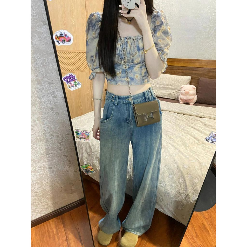 Cocory vn Áo Kiểu Ngắn Cổ Vuông Tay Phồng In Họa Tiết Hoa Thời Trang Mùa Hè Dành Cho Nữ