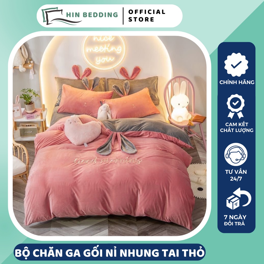 Bộ Chăn Ga Gối Nỉ Nhung Tai Thỏ HIN BEDDING, Nỉ Nhung Siêu Mềm Mịn Ấm Áp