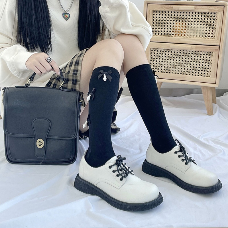 Vớ Cotton Cao Đến Đầu Gối Đính Nơ Và Ngọc Trai Ngọt Ngào Phong Cách Harajuku Cho Nữ Sinh