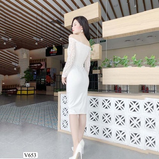 Đầm trắng thiết kế dáng ôm tay ren trễ vai V653