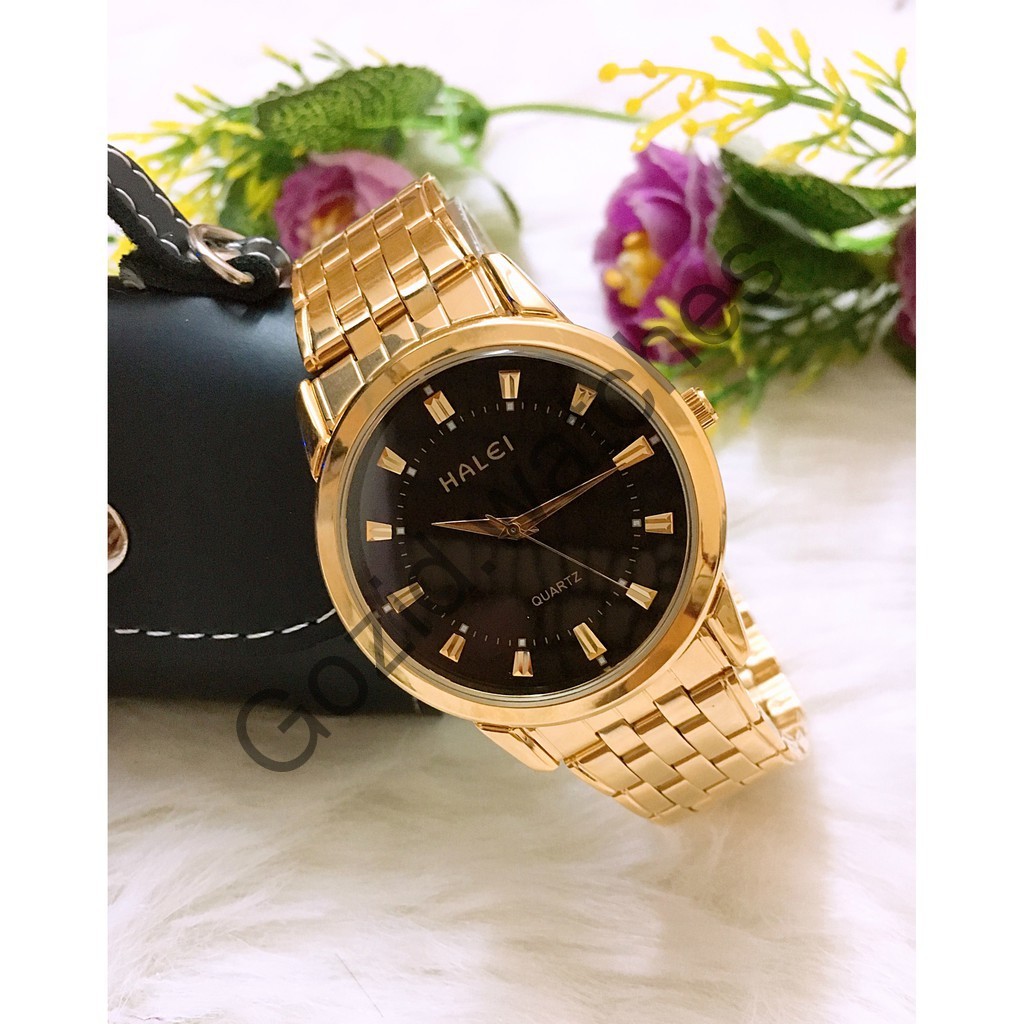 Đồng hồ cặp đôi dây thép Halei Gold black platium sang trọng, huyền bí -Gozid.watches