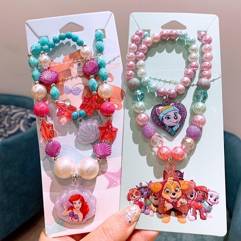 ◕✆❒Set vòng cổ + Đeo Tay Kiểu Dáng Công Chúa Xinh Xắn Cho Bé Gái Paw Patrol/Frozen/Peppa Pig/Minnie/Princess/Unicorn
