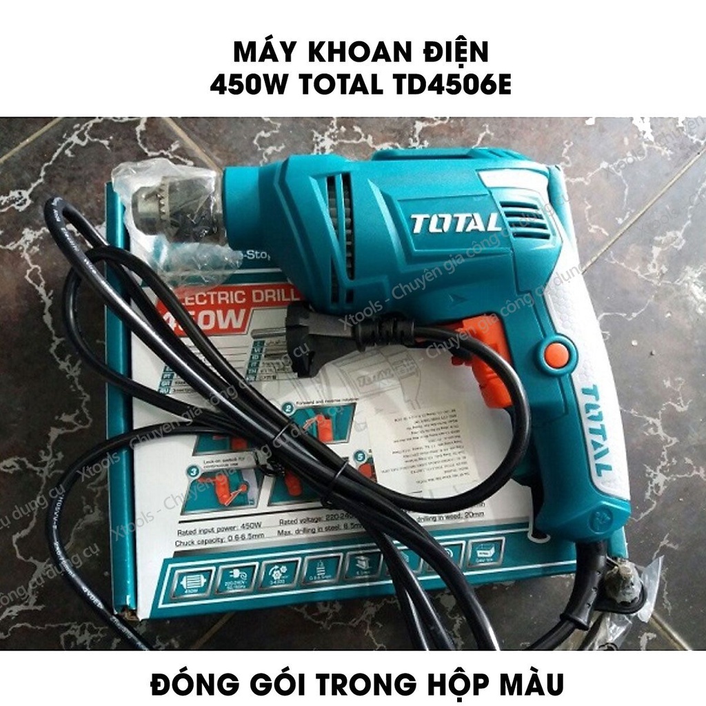 Máy khoan cầm tay TOTAL TD4506E công suất 450w, tốc độ 3200rpm, đầu khoan 6.5mm, khả năng khoan sắt 6mm, khoan gỗ 20mm,