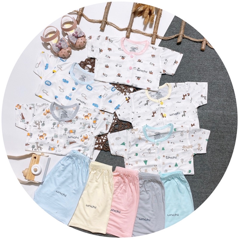 Bộ cộc tay cài nút giữa Unchi chất peptit siêu mềm mịn cho bé trai/bé gái size sơ sinh từ 4-14kg (0-18 tháng)