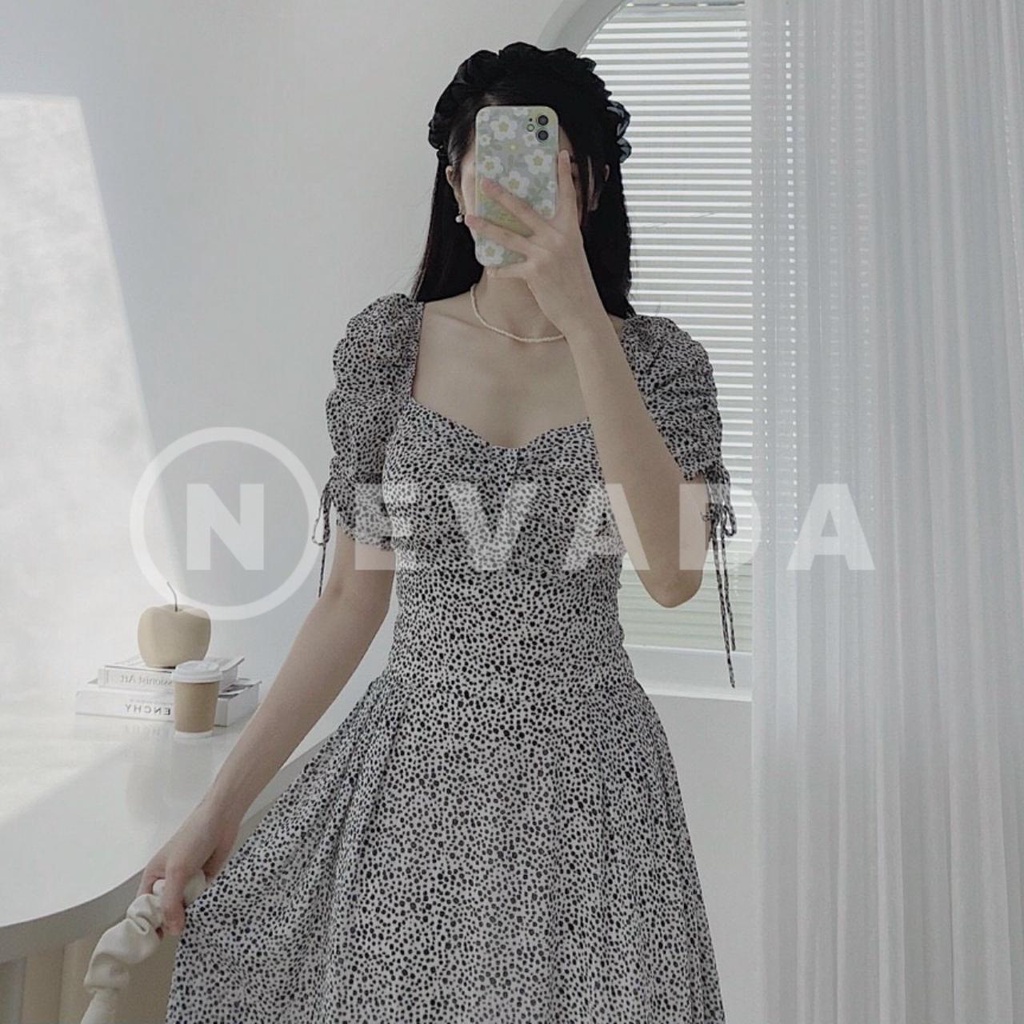 (Có ảnh thật) Áo đầm nữ, Váy đầm xoè nữ chất liệu voan hai lớp, hoạ tiết chấm bi, tay dây rút by Nevada Shop | BigBuy360 - bigbuy360.vn