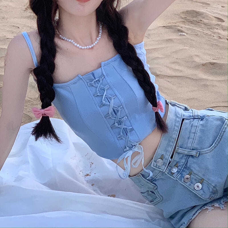 Jiashucheng Áo Hai Dây Dáng Ngắn Cột Dây Thời Trang Mùa Hè 2022 Phong Cách Mới Cho Nữ