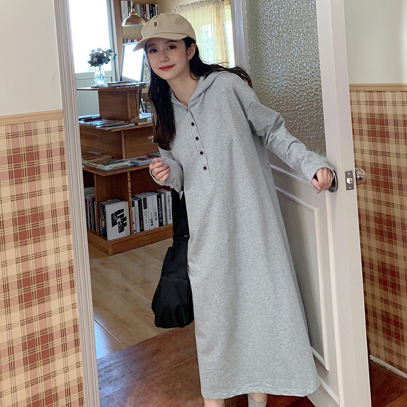 SUXI Đầm hoodie dài tay phong cách vintage Hàn Quốc cho nữ