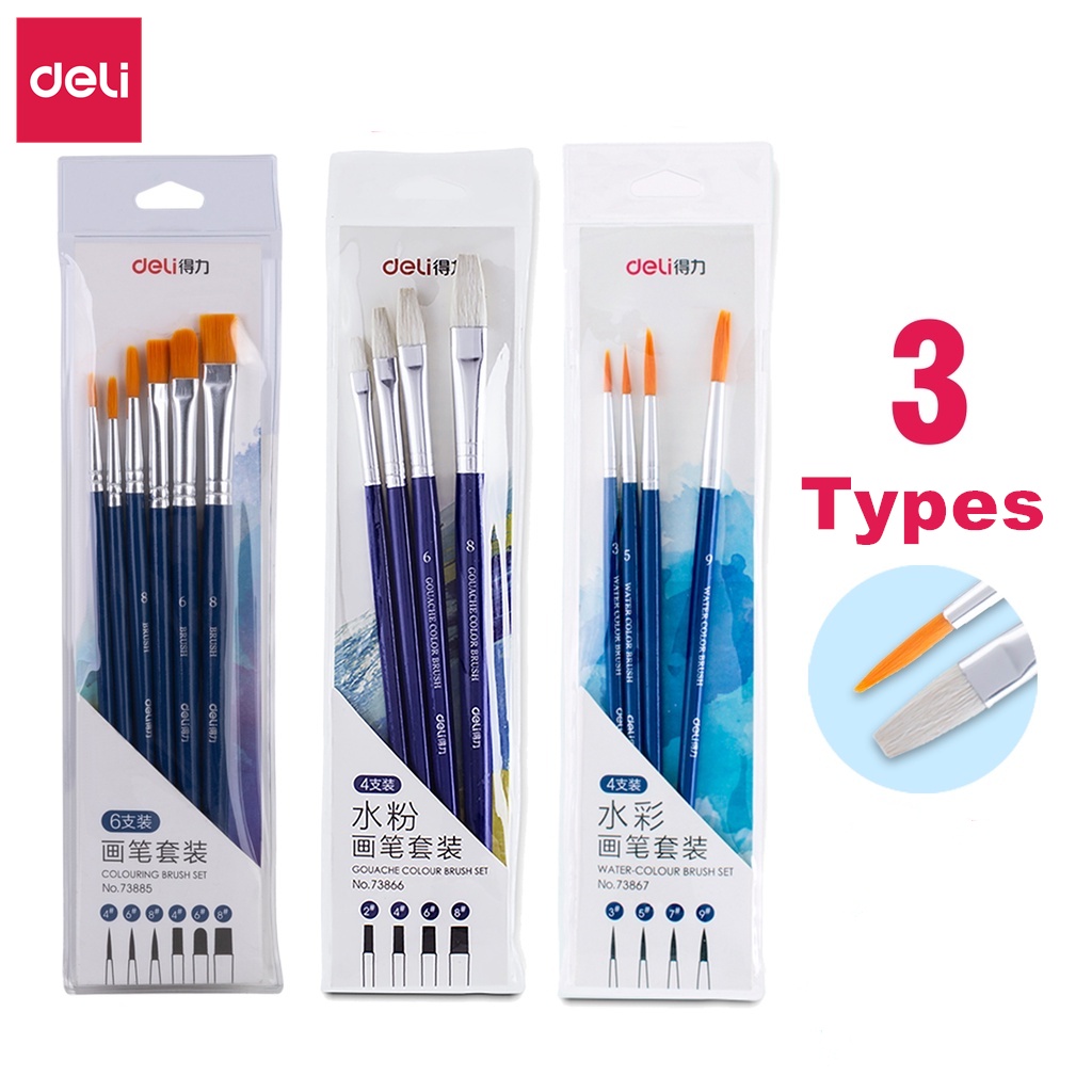 Bộ cọ vẽ chuyên nghiệp Deli - dùng cho màu nước/bột/sơn acrylic -Set 4/6 cây