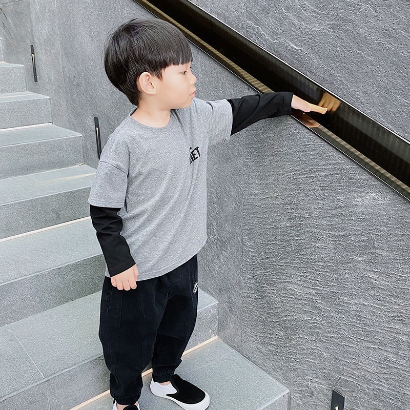 Áo Thun Tay Dài Giả Hai Lớp Phong Cách Hàn Quốc Cá Tính Cho Bé Trai