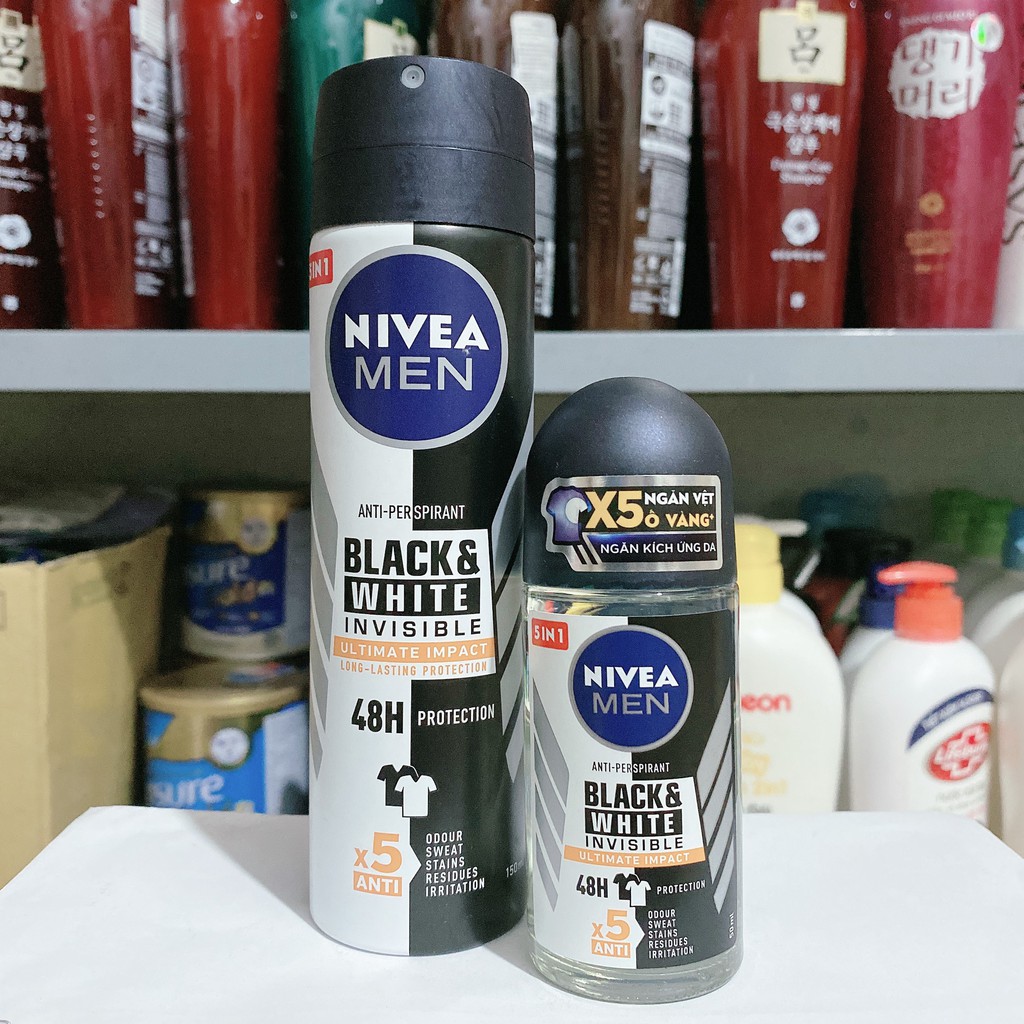 Combo Khử Mùi 48h- Ngăn Ố Vàng -Kích Ứng Da Nivea Men BLACK&amp;WHITE Invisible (1 lăn 50ml+ 1 xịt 150ml)