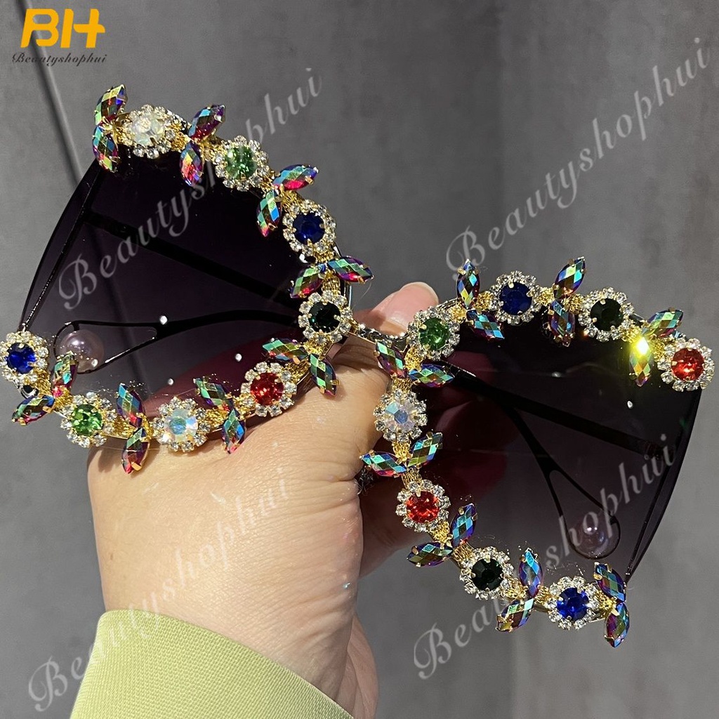 Kính Mát Gọng Lớn Đính Kim Cương Chống Tia UV Phong Cách Âu Mỹ Cho Nữ