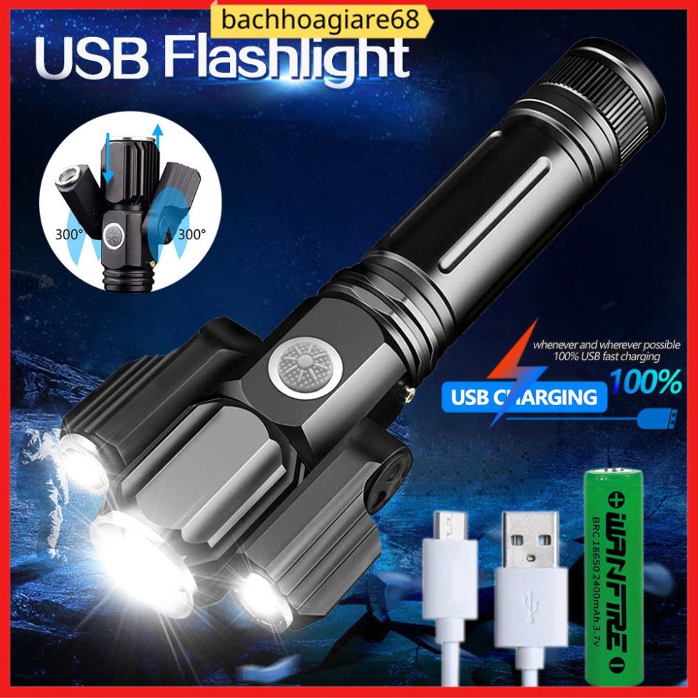 Đèn pin led 3 bóng xoay 306o siêu sáng kèm sạc sẵn hàng