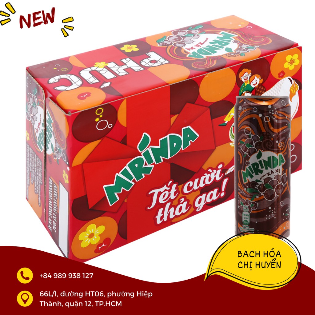 Thùng 24 lon nước ngọt Mirinda hương xá xị 330ml