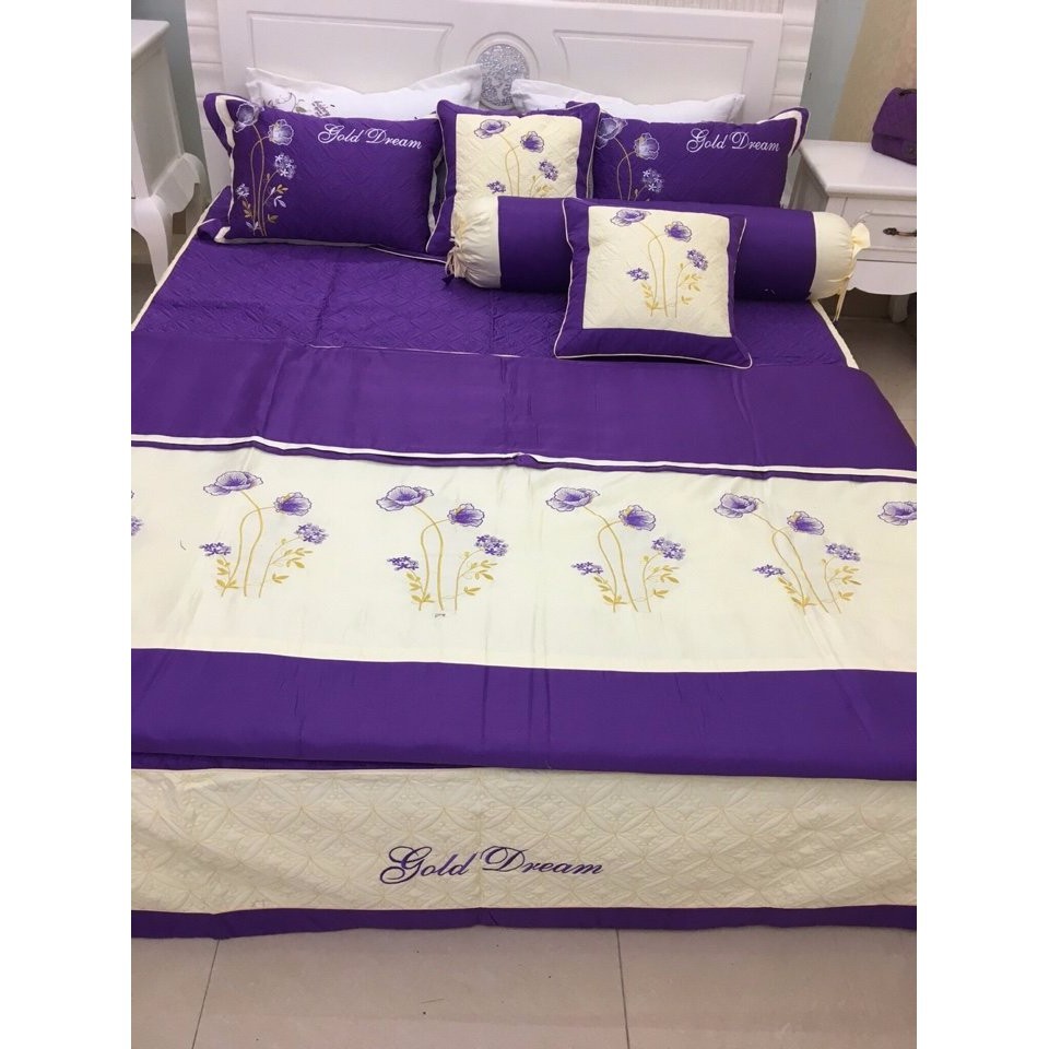Combo 7 Món Chăn Ga Gối Gối Ôm và Gối Tựa Satin Hàng Dày Dặn Đẹp Màu TÍM HUẾ - shop_hoahn